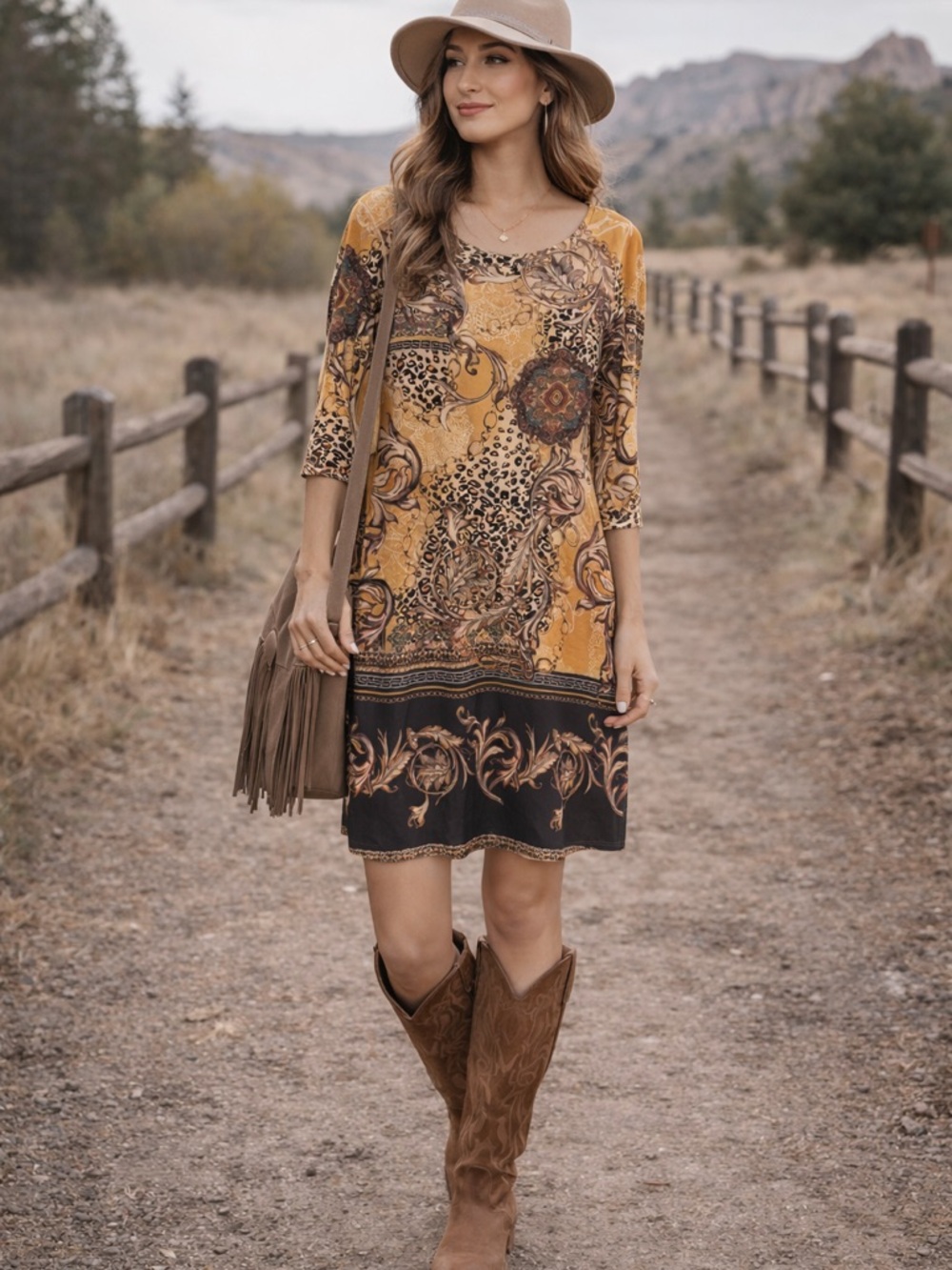 Umgee Mustard Baroque Leopard Print Tunic Dress Elbow Sleeve S